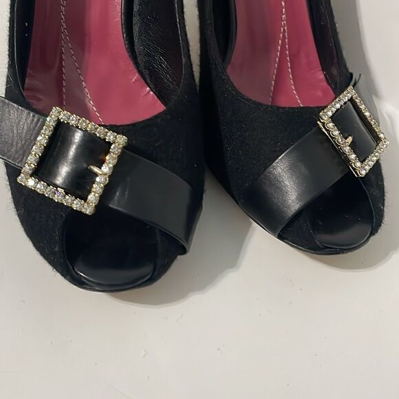 Kate Spade Rhinestone Buckle Black Peep Toe Heels Size 6.5 - Picture 3 of 8